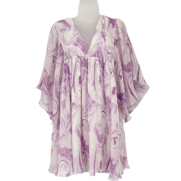 Ganni Orchid Bloom Pleated Georgette Oversized Mini Dress Designer XXS / XS - Picture 6 of 16